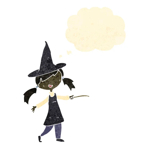 Rétro dessin animé sorcière fille avec bulle de pensée — Image vectorielle