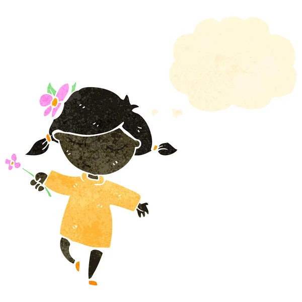 Retro cartoon girl with flower dancing — Stock Vector
