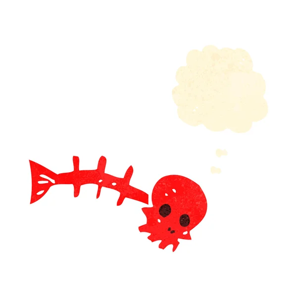 Desenhos animados retro assustador símbolo de osso de peixe com bolha de pensamento — Vetor de Stock