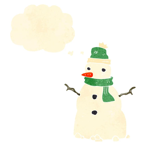 Retro boneco de neve desenhos animados com nuvem de pensamento — Vetor de Stock