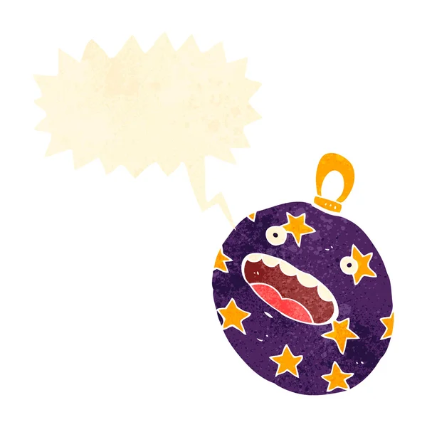 Bola de Navidad de dibujos animados retro con burbuja de habla — Vector de stock