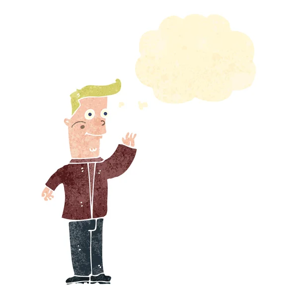 Retro dibujos animados ondeando hombre con burbuja de pensamiento — Vector de stock