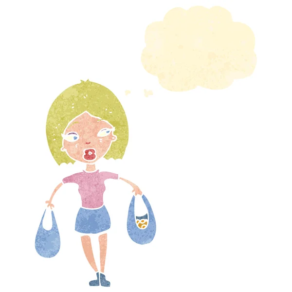 Retro cartoon woman carrying shopping bags — Stock Vector