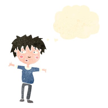 Retro karikatür mutlu çocuk düşünce balonu ile