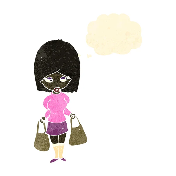 Retro cartoon mulher com sacos de compras — Vetor de Stock