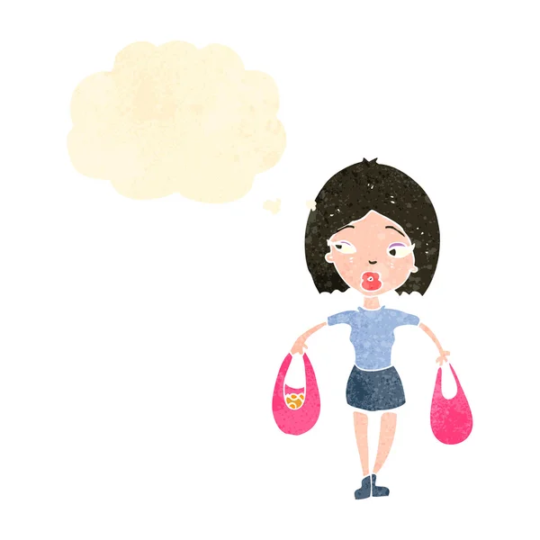 Retro cartoon woman with shopping bags — Stock Vector