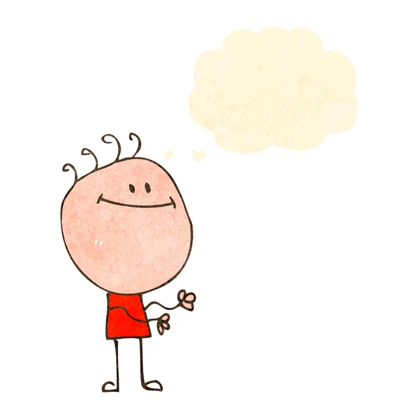 Retro dibujos animados niño feliz con burbuja de pensamiento — Vector de stock