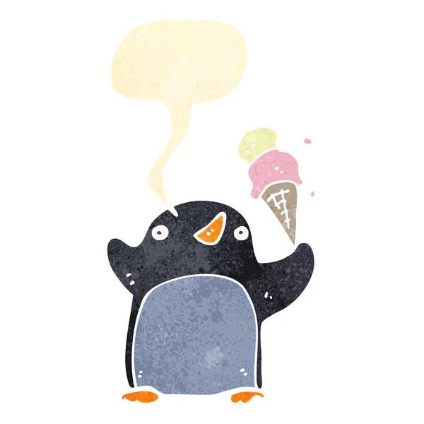 Retro karikatür penguen konuşma balonu ve dondurma ile — Stok Vektör