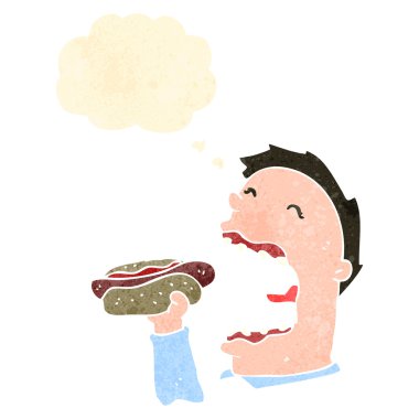 Retro cartoon man eating hotdog