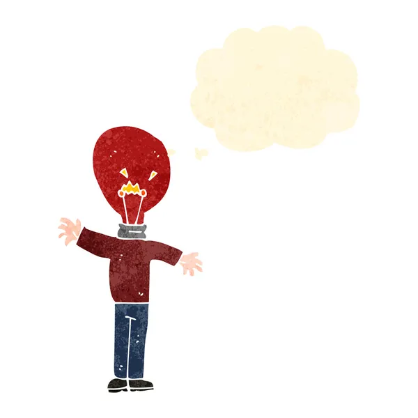 Ретро мультфильм красный лампочка голова человека с мыслей пузырь — стоковый вектор