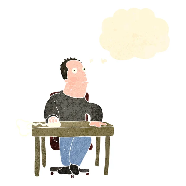 Retro dibujos animados aburrido hombre trabajando en el escritorio — Vector de stock