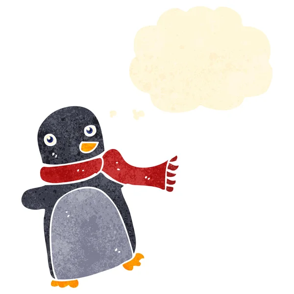 Pingüino de Navidad de dibujos animados retro con burbuja de pensamiento — Vector de stock