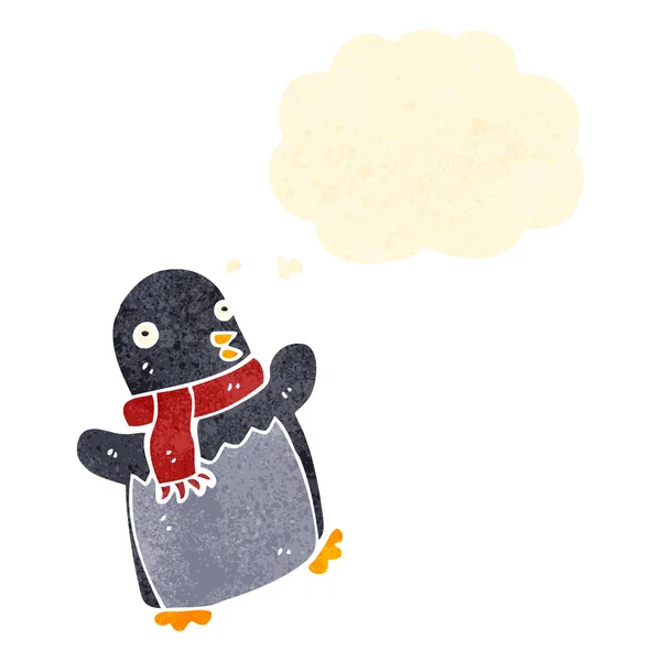Retro cartoon kerst pinguïn met gedachte zeepbel — Stockvector