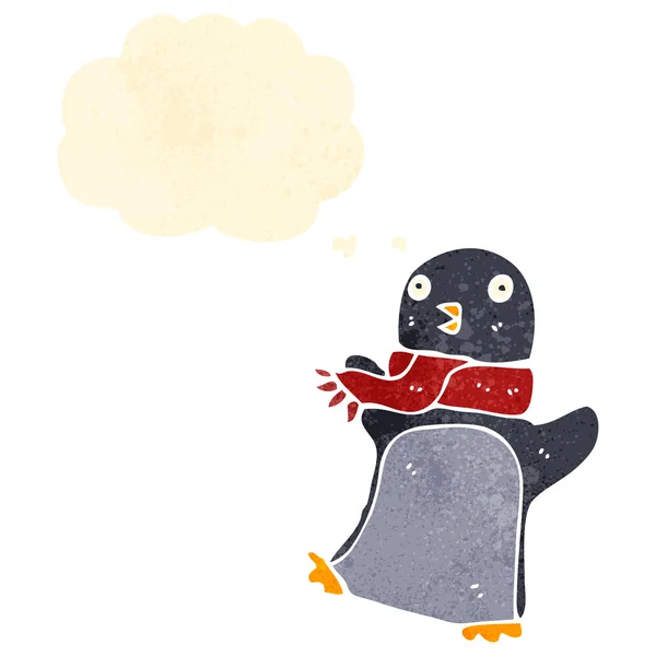 Pingüino de Navidad de dibujos animados retro con burbuja de pensamiento — Vector de stock