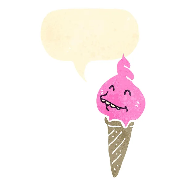 Cono de helado de dibujos animados retro con burbuja de habla — Vector de stock