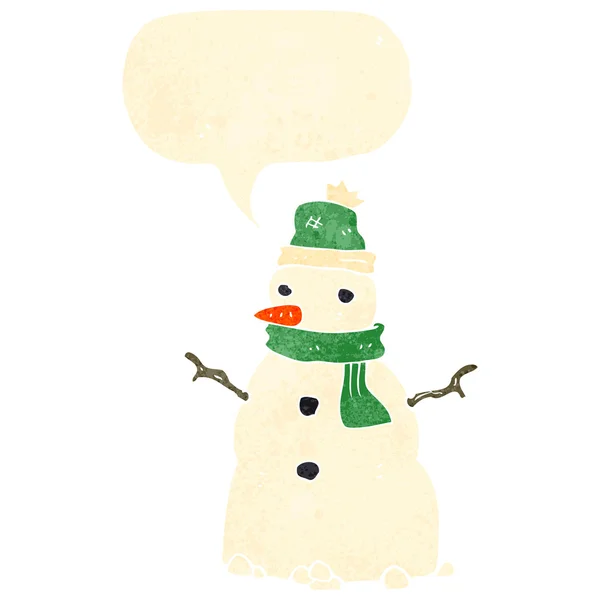 Retro muñeco de nieve de dibujos animados con burbuja de habla — Archivo Imágenes Vectoriales
