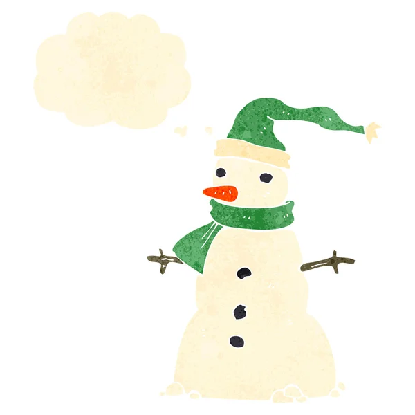 Retro boneco de neve desenhos animados com bolha de pensamento — Vetor de Stock