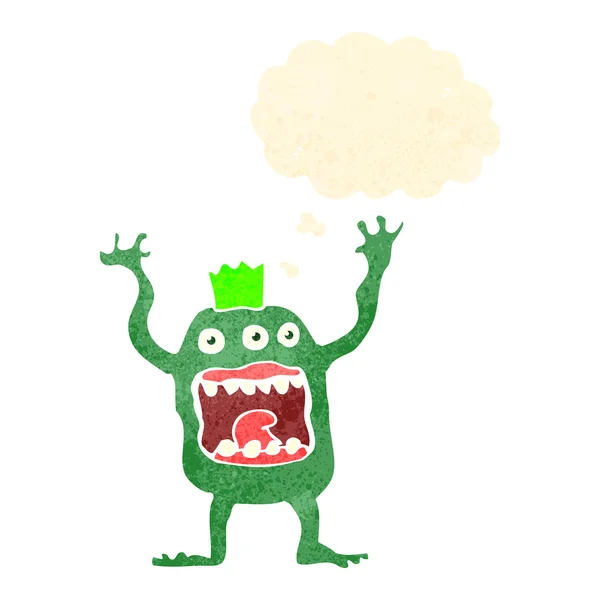 Retro cartoon alien monster with thought bubble — Stock Vector