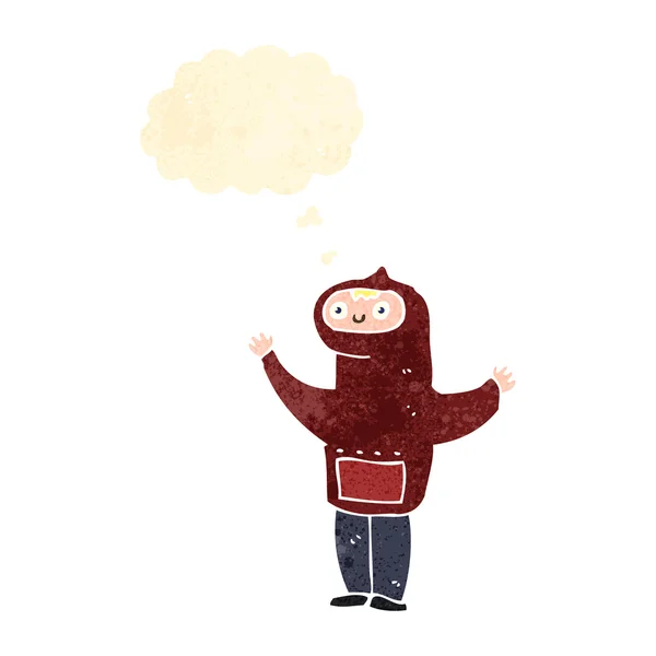 Retro-Cartoon-Junge im Kapuzenshirt mit Gedankenblase — Stockvektor