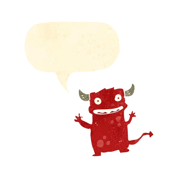 Retro dibujos animados pequeño diablo con burbuja de habla — Vector de stock
