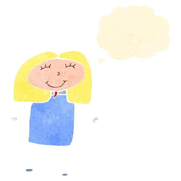 Barns ritning av en glad kvinna med tankebubbla — Stock vektor