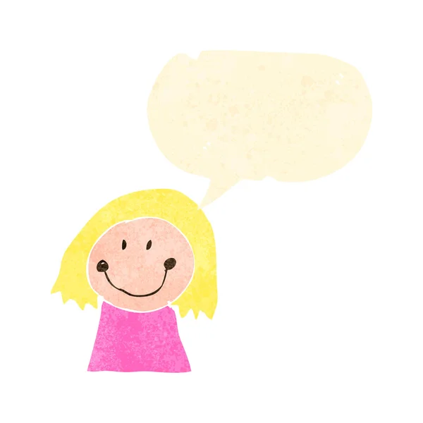 Child's drawing of a happy girl with speech bubble — Stock Vector