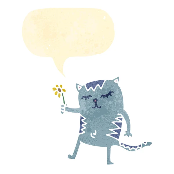 Retro desenho animado amigável gato com bolha de fala — Vetor de Stock