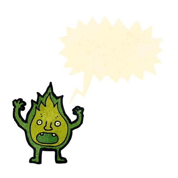 Caricature rétro petit monstre de flamme verte — Image vectorielle