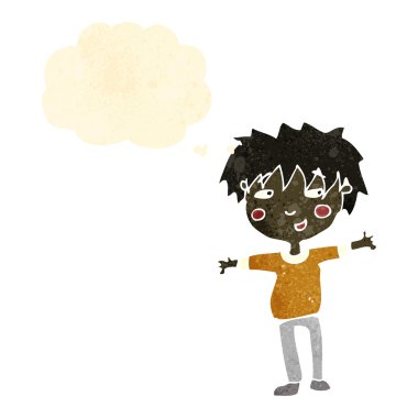 Retro karikatür dostu çocuk düşünce balonu ile