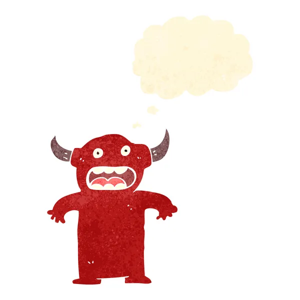 Desenhos animados retro pequeno diabo com bolha de pensamento — Vetor de Stock