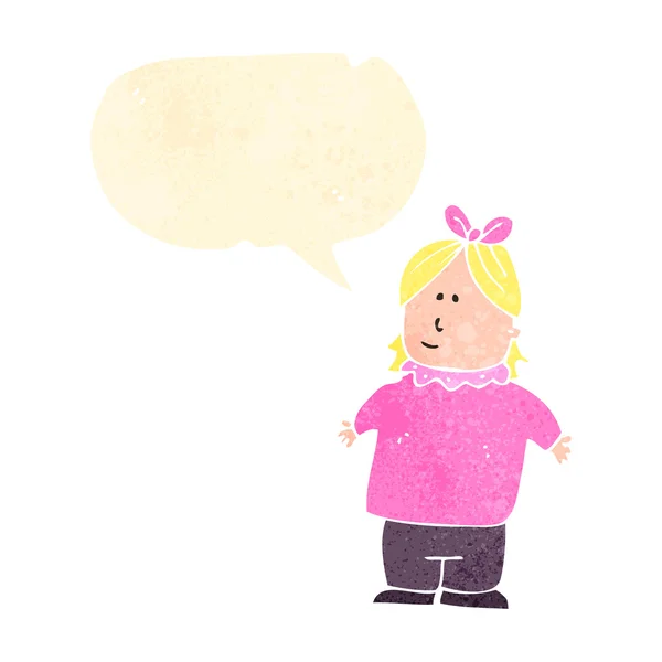 Retro cartoon overweight girl with speech bubble — Stock Vector