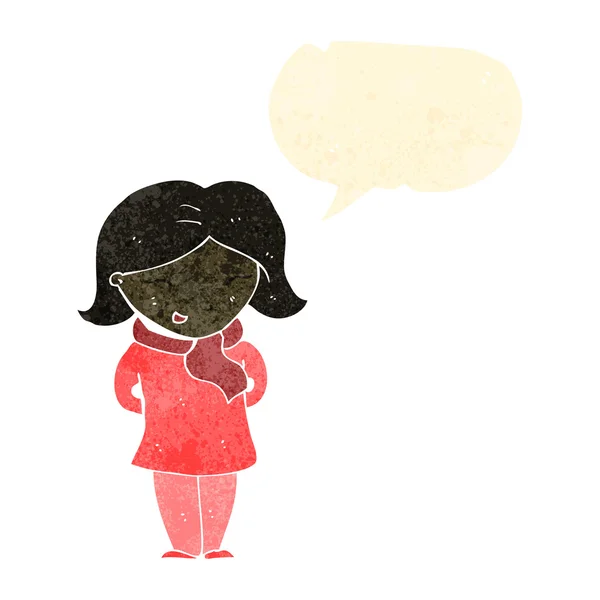 Femme dessin animé rétro portant une écharpe avec bulle de parole — Image vectorielle