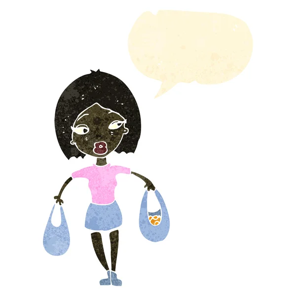 购物袋复古卡通女人 — 图库矢量图片