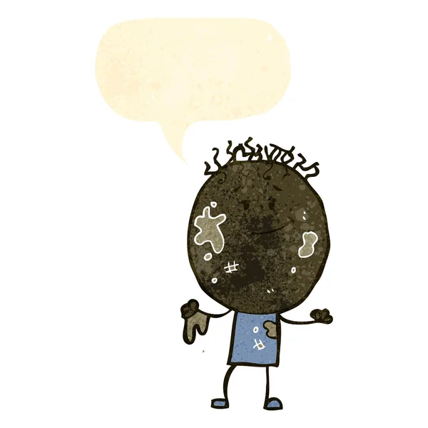 Retro cartoon jongen overdekte in mud met tekstballon — Stockvector