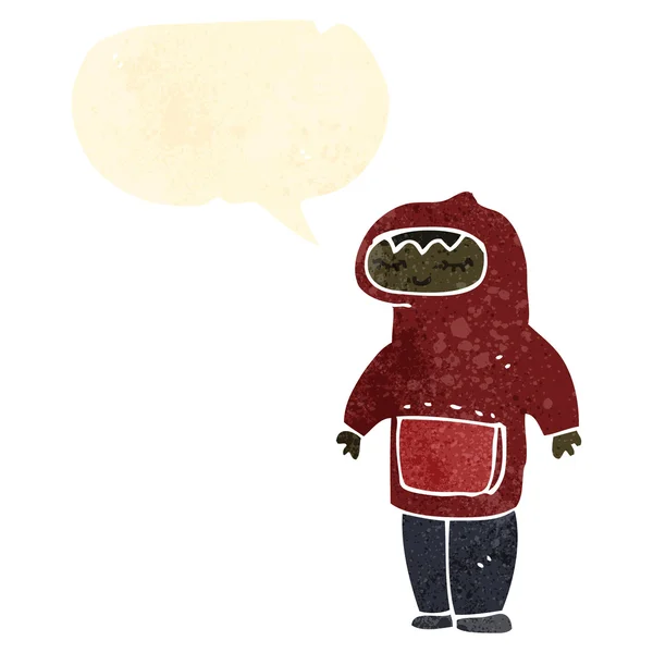 Retro chico de dibujos animados con capucha superior y burbuja de habla — Vector de stock