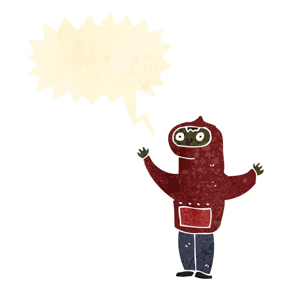 Retro cartoon jongen met hooded top en toespraak bubble — Stockvector