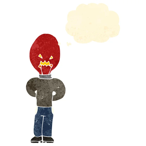 Hombre de dibujos animados retro con cabeza de bombilla roja y burbuja de pensamiento — Vector de stock