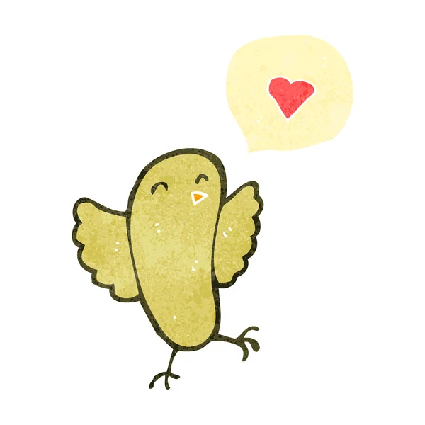 Uccello cartone animato retrò con cuore d'amore — Vettoriale Stock
