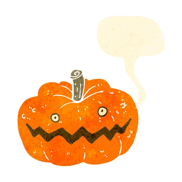 Retro cartoon spooky pumpkin with speech bubble — Stock Vector