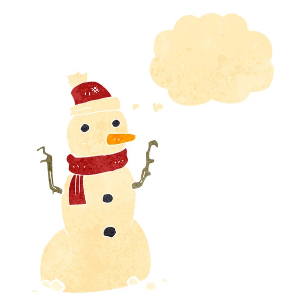 Retro boneco de neve desenhos animados com bolha de pensamento — Vetor de Stock