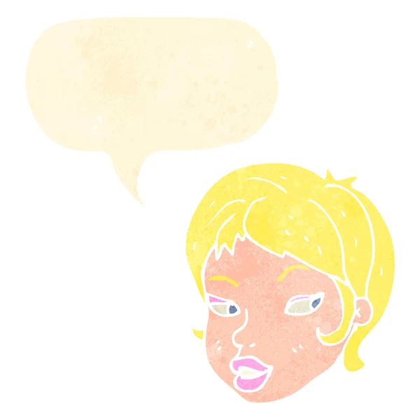 Retro cartoon blond female face with speech bubble — Stock Vector