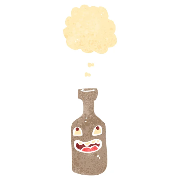 Retro cartone animato bottiglia di vino con bolla di pensiero — Vettoriale Stock