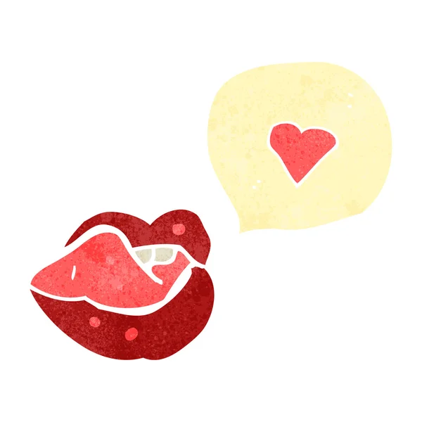 Retro cartone animato leccare labbra con amore cuore — Vettoriale Stock