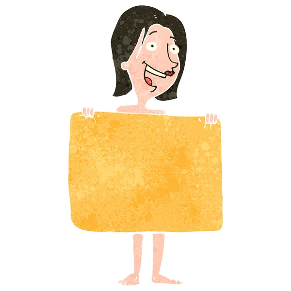 Retro cartoon mulher escondendo atrás de toalha — Vetor de Stock