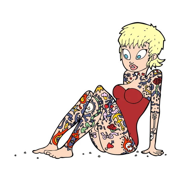 Chica del tatuaje de dibujos animados — Vector de stock