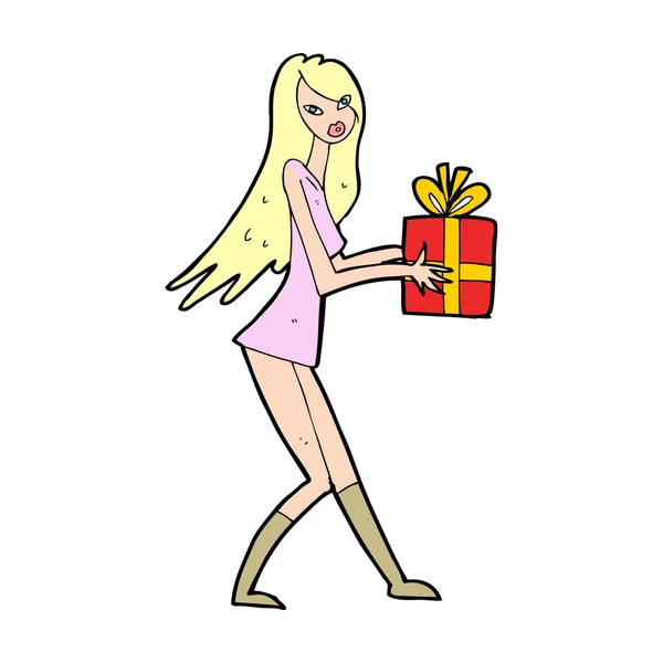 Cartoon blonde with gift — Stock Vector