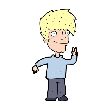 Çizgi filmci barış işareti veriyor.