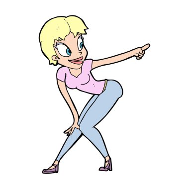 Çizgi film güzel kadın işaret ediyor.