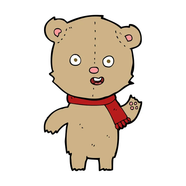 Γελοιογραφία κουνώντας αρκουδάκι με κασκόλ — Διανυσματικό Αρχείο