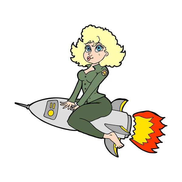 Cartoon army pin up girl riding missile — Stock Vector